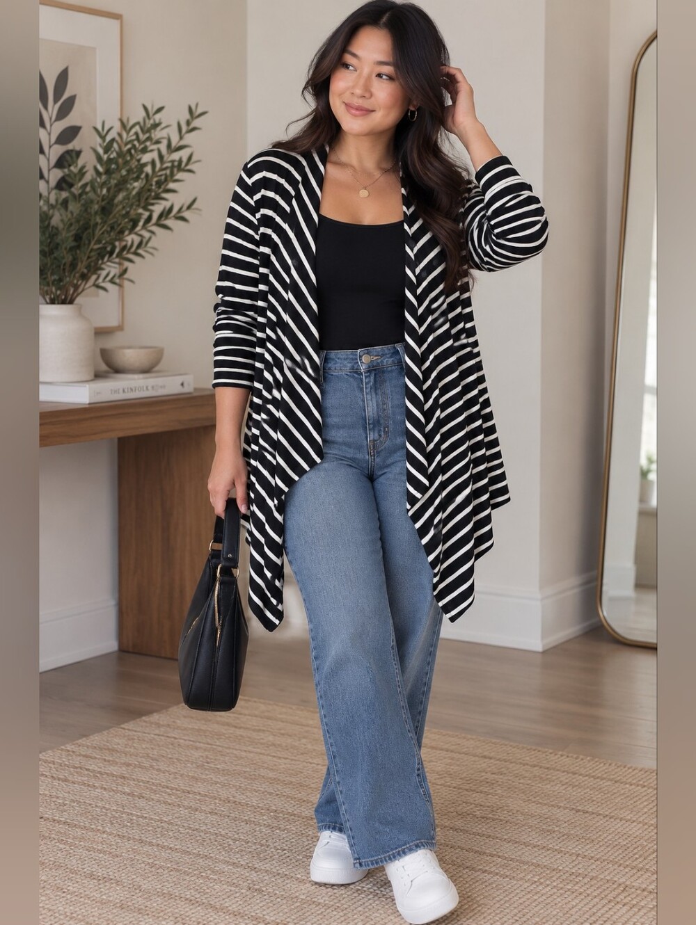 Striped Black & White Open-Front Women's Sweater Cardigan